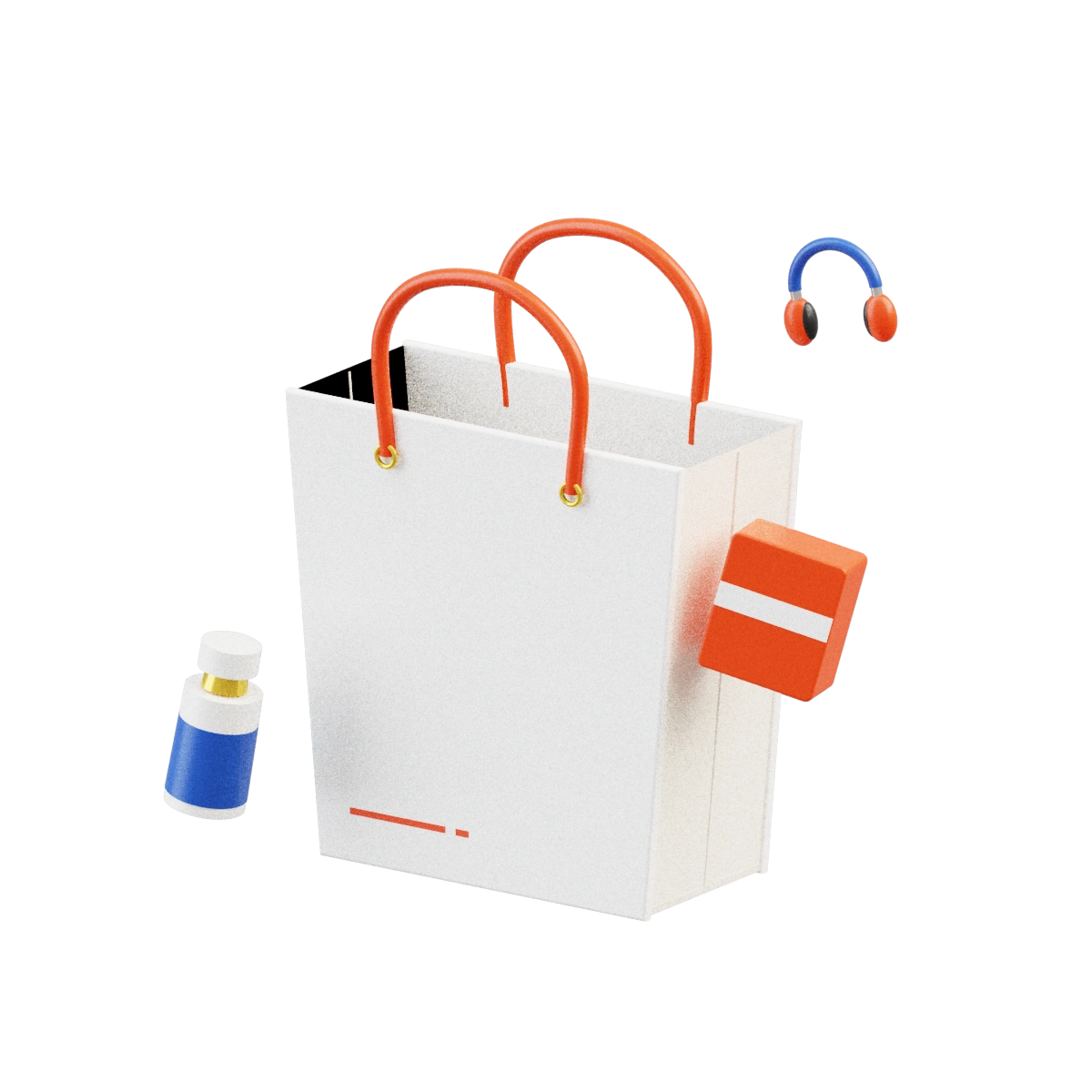 An illustrative shopping bag and product forms representing e-commerce sales