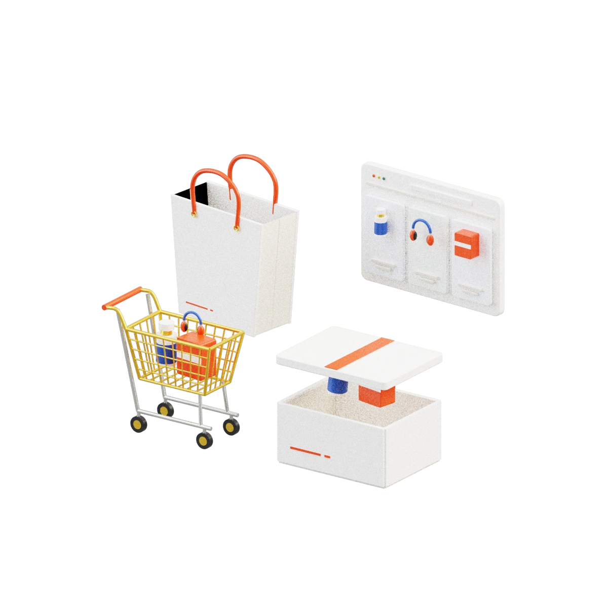 A connected composition of a shopping bag, store, cart, and parcel representing sales and operations